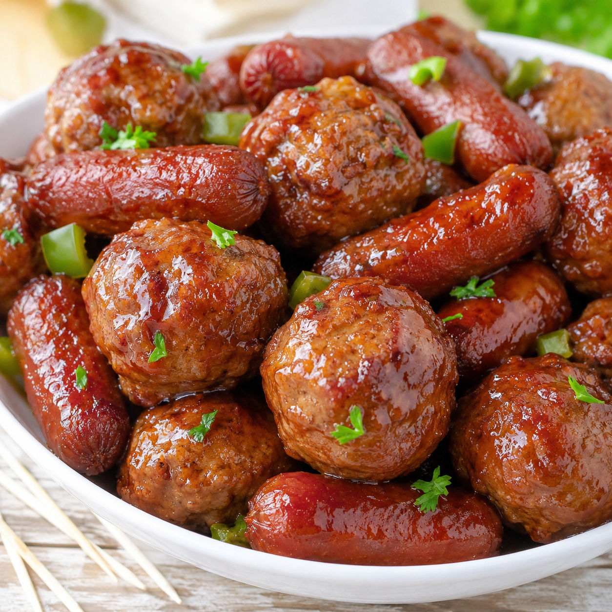 Glazed meatballs and little smokies in a white bowl with toothpicks