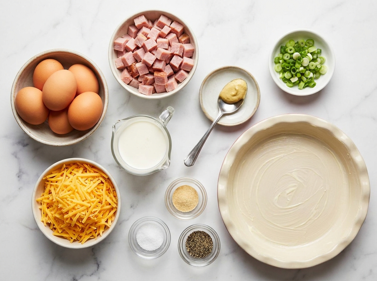 Eggs, ham, cheddar, green onions, and dairy for crustless quiche