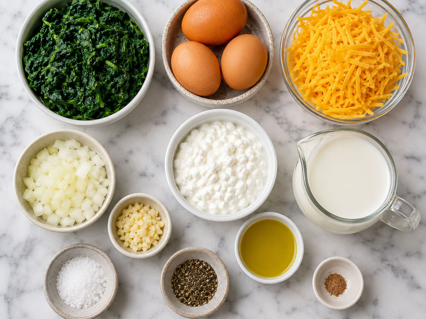 Ingredients for crustless spinach quiche with eggs, spinach, cheddar, and onion