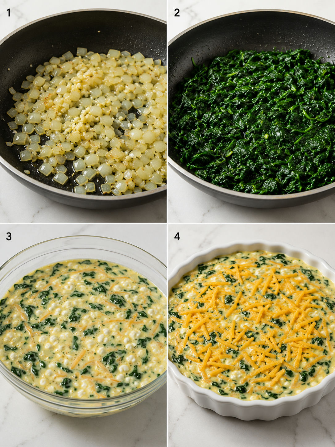Four steps for making crustless spinach quiche from skillet to pie dish