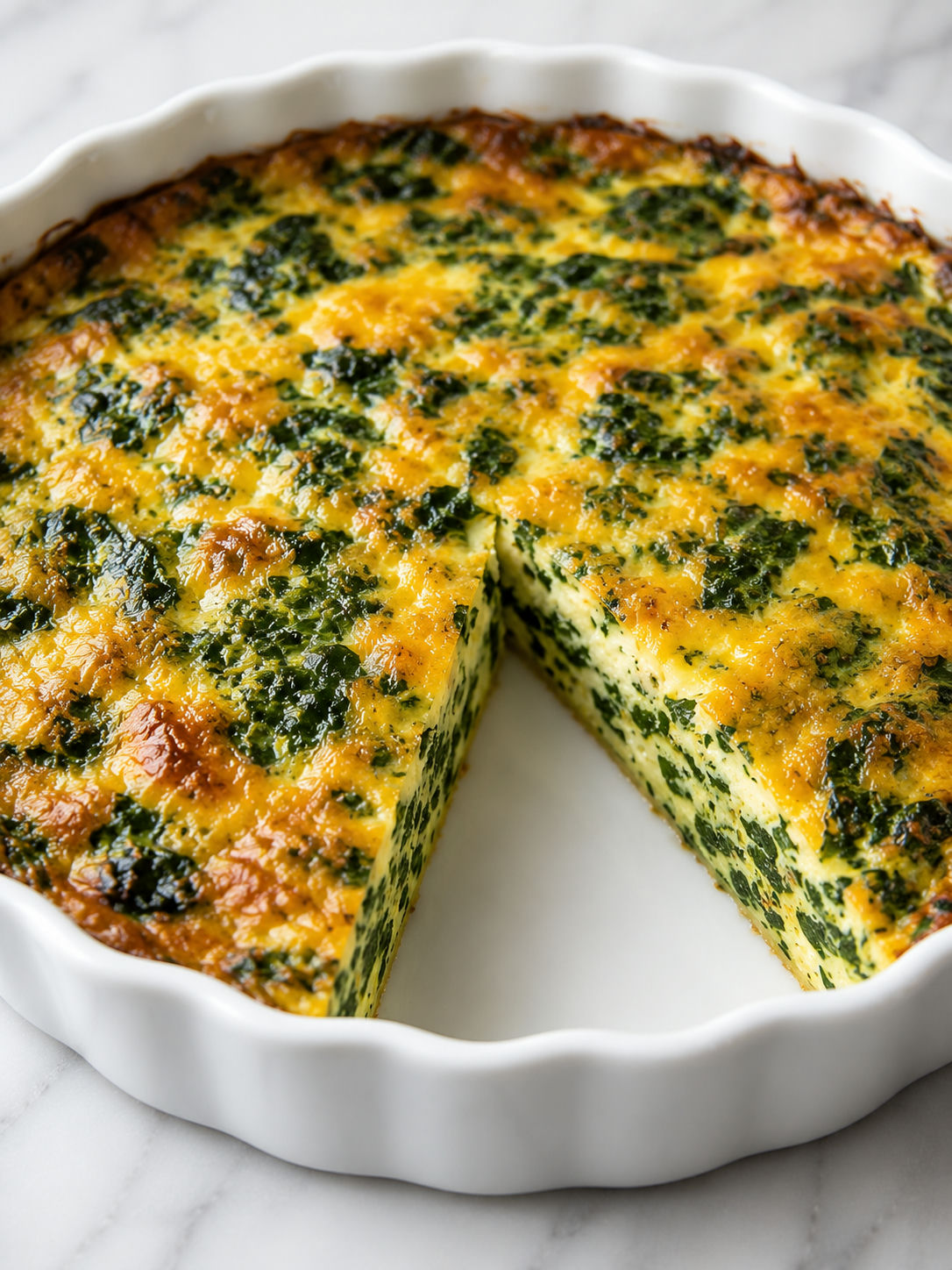 Slice of crustless spinach quiche with tender egg custard and melted cheddar
