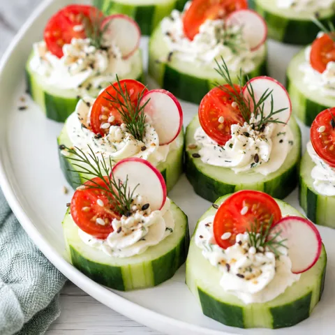 Cucumber bites with herbed cream cheese, tomato, radish, and dill