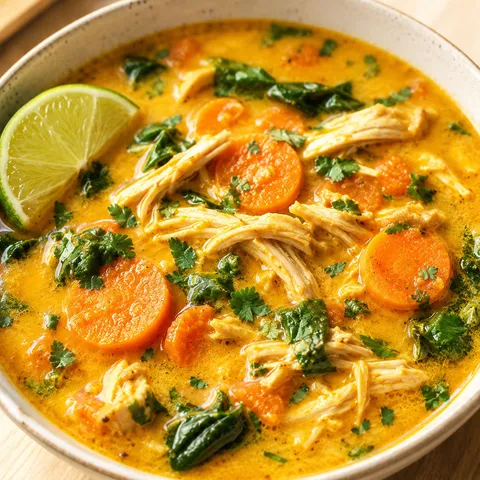 Golden curry chicken soup with carrots, spinach, cilantro, and lime