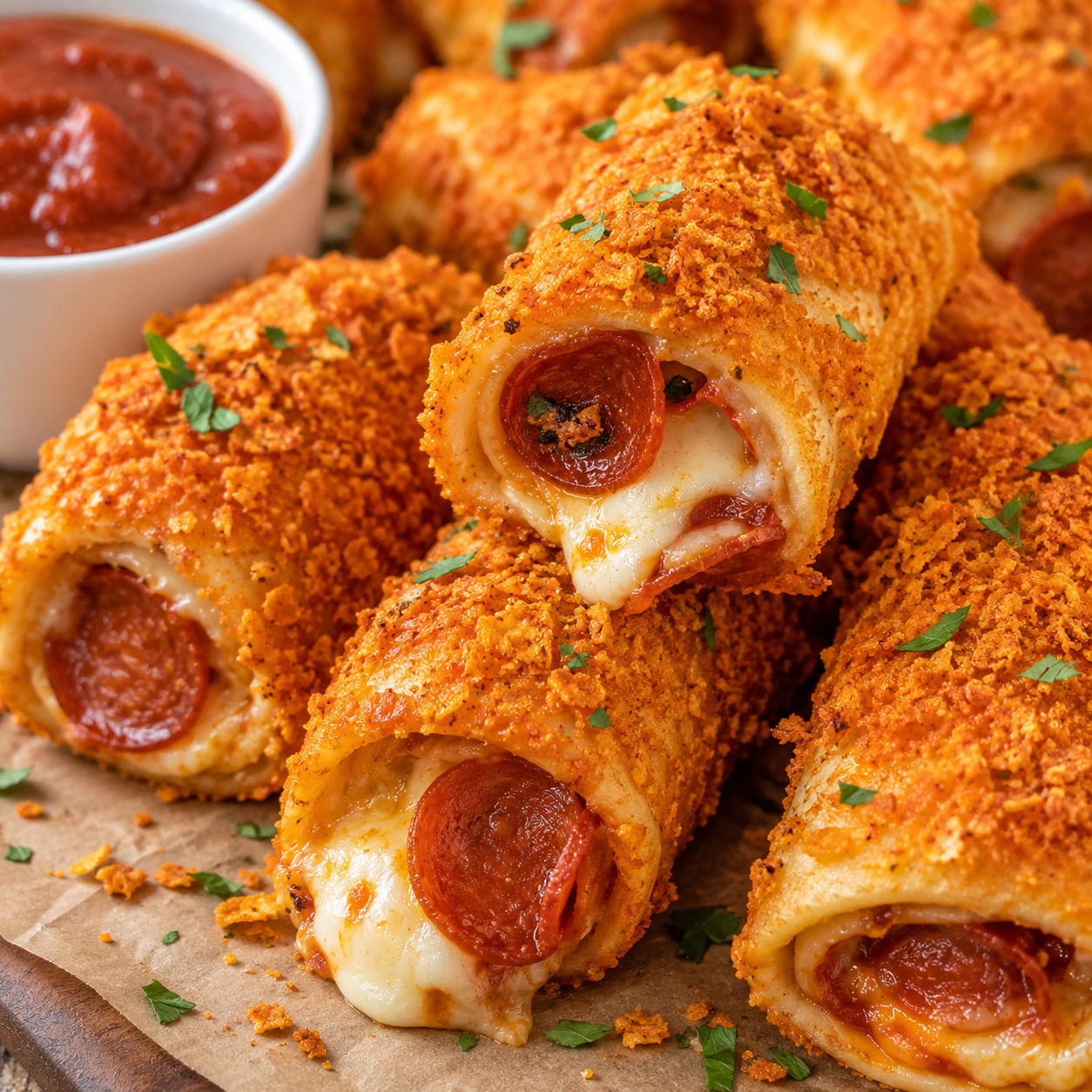 Doritos pizza rolls with melted mozzarella and pizza sauce