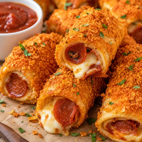 Doritos pizza rolls with melted mozzarella and pizza sauce