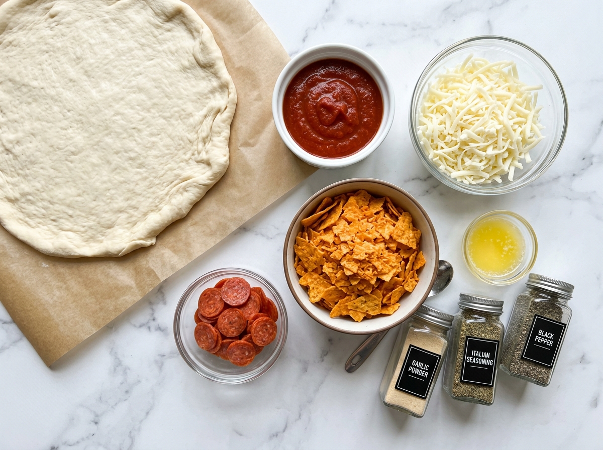 Ingredients for Doritos pizza rolls with dough, cheese, pepperoni, and chips