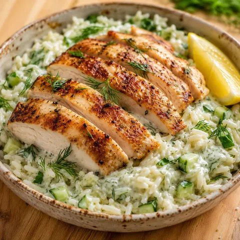 Baked chicken tzatziki and rice in a casserole dish with herbs and lemon