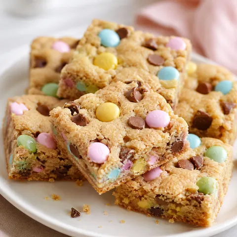 Easter M&M cookie bars with pastel candies and chocolate chips