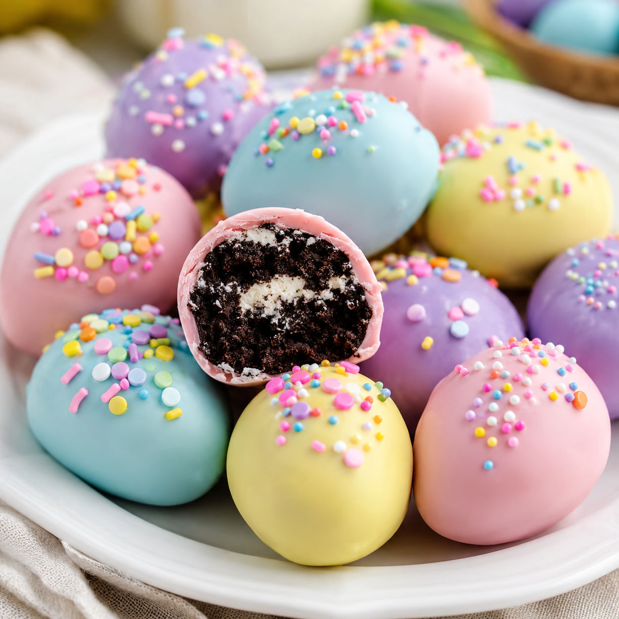 Pastel Easter Oreo egg truffles with sprinkles and one cut open