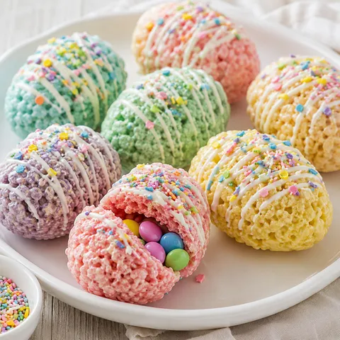 Easter Rice Krispies eggs with white chocolate drizzle and pastel sprinkles
