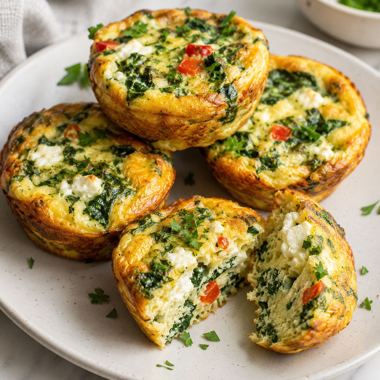 Spinach feta egg muffins on a white plate with one muffin split open