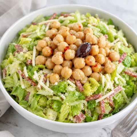 La Scala chopped salad with chickpeas, salami, mozzarella, and olive