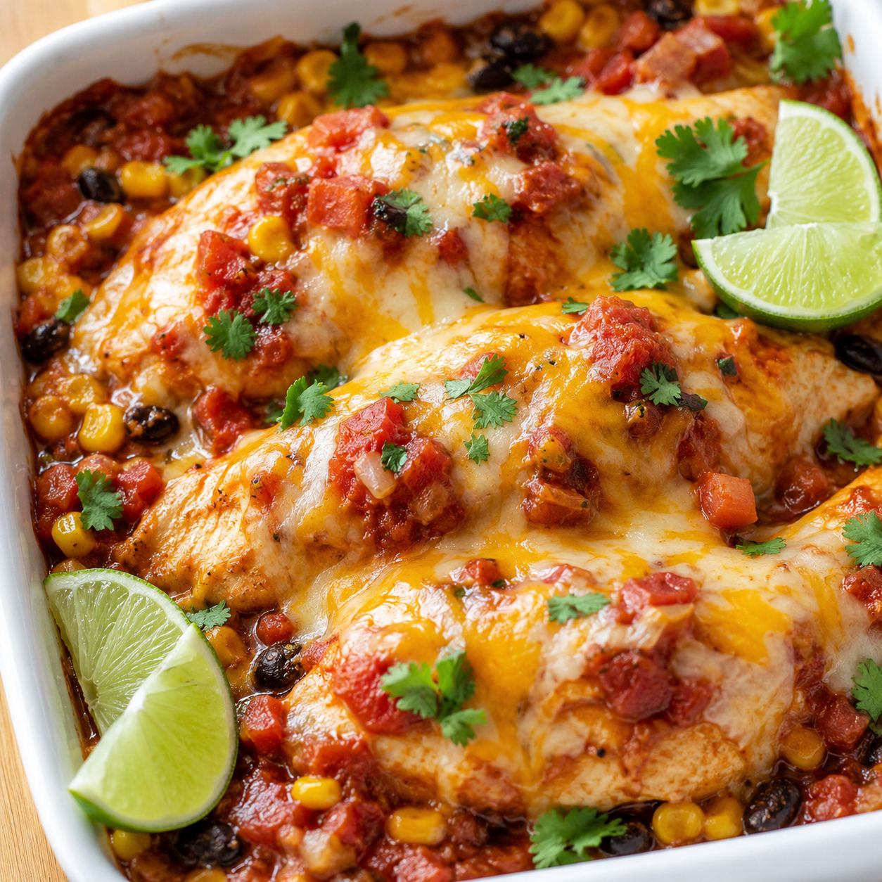Fiesta chicken bake with salsa, melted cheese, black beans, corn, and cilantro