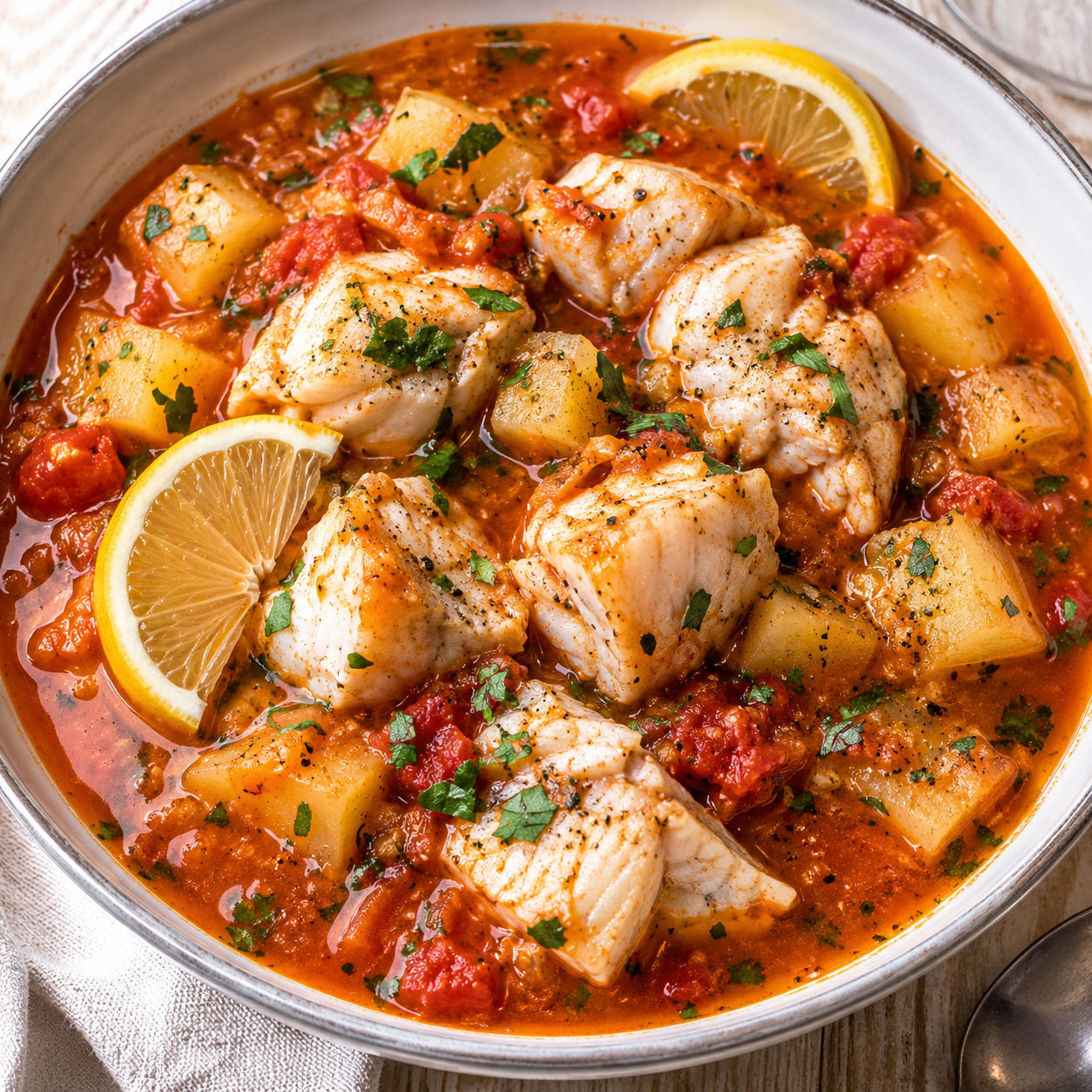 Tomato fish stew with white fish, potatoes, parsley, and lemon