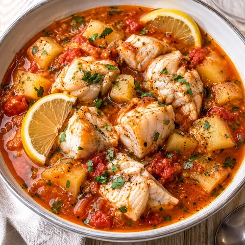 Tomato fish stew with white fish, potatoes, parsley, and lemon