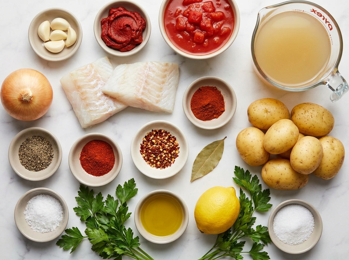 Raw ingredients for tomato fish stew with white fish and potatoes