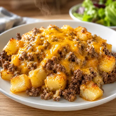 Cheesy ground beef and potato casserole on a white plate