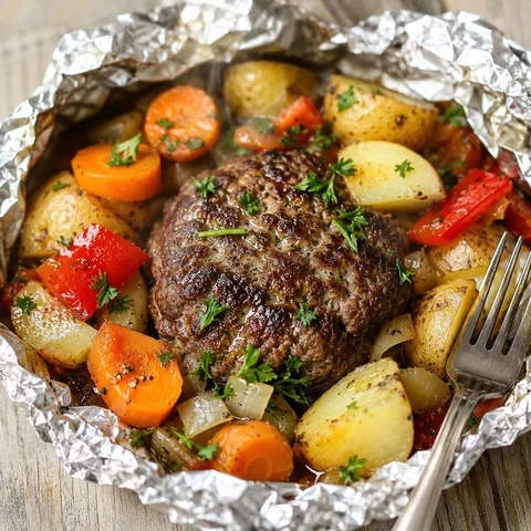 Ground beef foil packet with potatoes, carrots, onion, and parsley