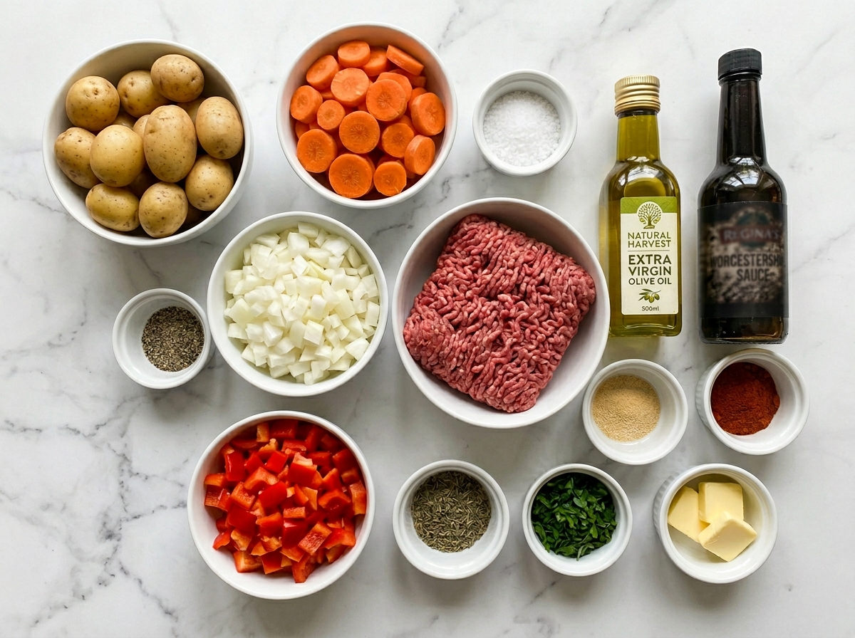 Raw ingredients for ground beef foil packets with potatoes and carrots