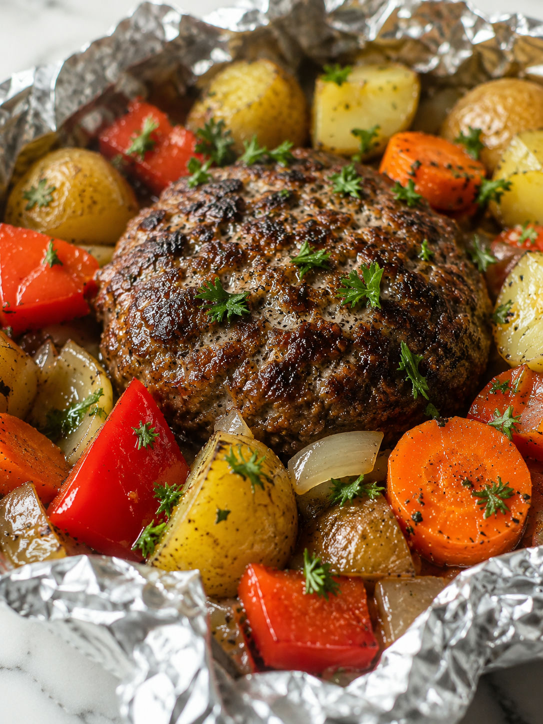 Easy Foil Packet Ground Beef and Vegetables, plated and served