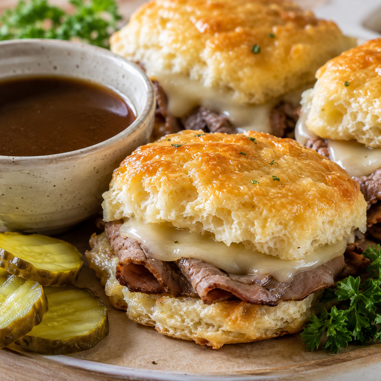 French dip biscuits with roast beef, provolone, and a bowl of au jus