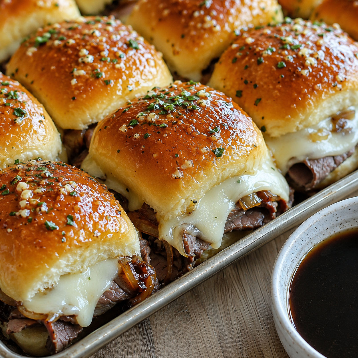 Golden baked French dip sliders with melted provolone and roast beef on a tray next to au jus