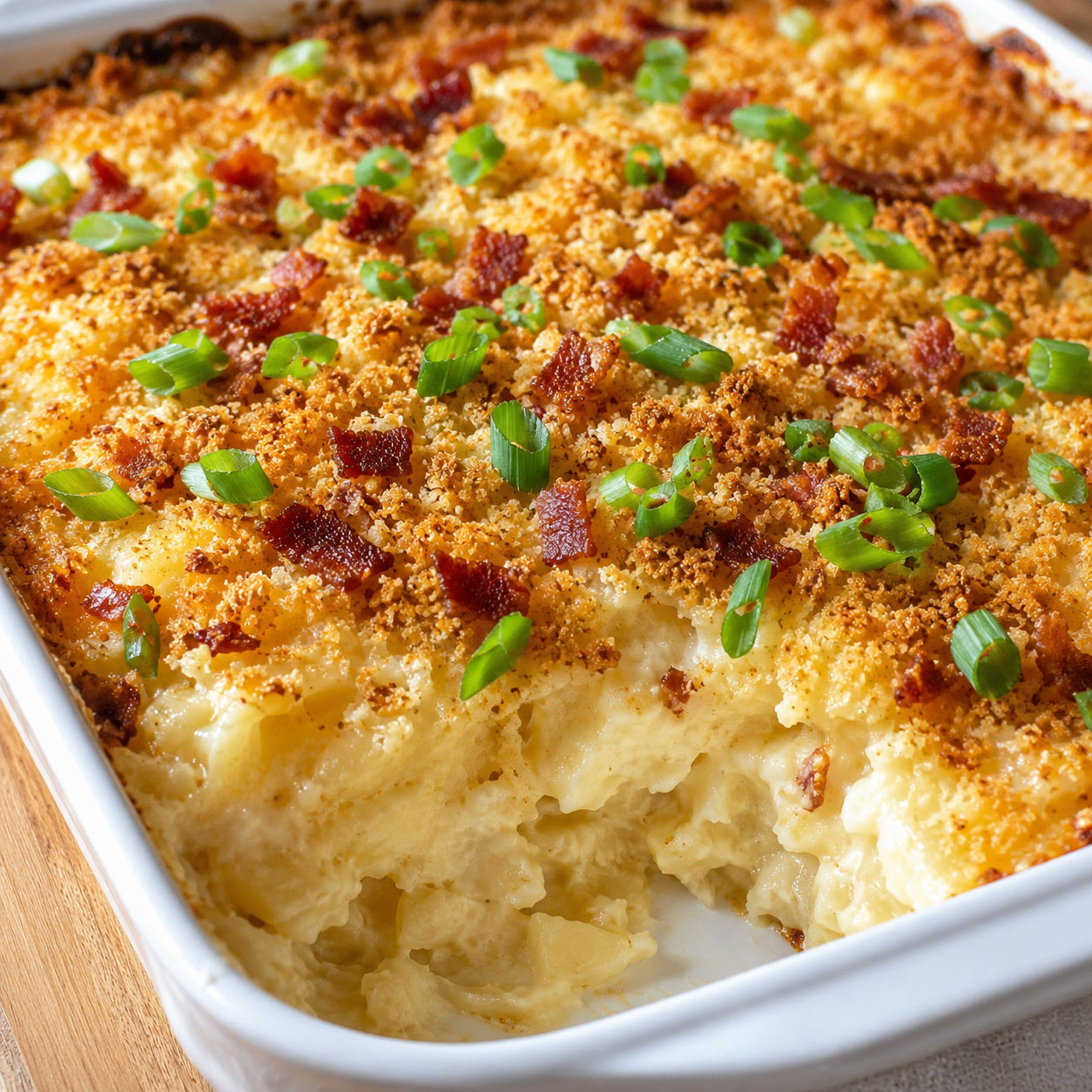 French onion hashbrown casserole with golden cracker topping and bacon