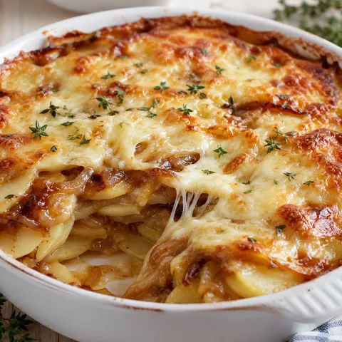 French onion potato bake with melted Gruyère and golden caramelized onions in a white baking dish