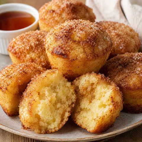 Cinnamon sugar French toast muffins with one split open on a wooden table