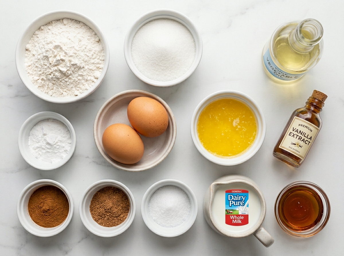 Ingredients for cinnamon sugar French toast muffins arranged on a counter