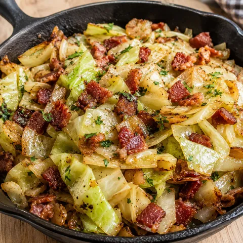 Fried cabbage with onions, crisp bacon, and parsley in a cast iron skillet