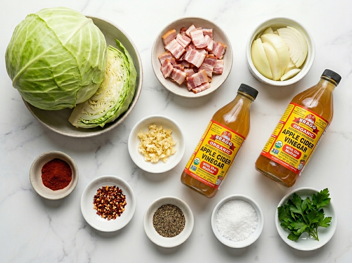 Green cabbage, bacon, onions, garlic, vinegar, spices, and parsley for fried cabbage