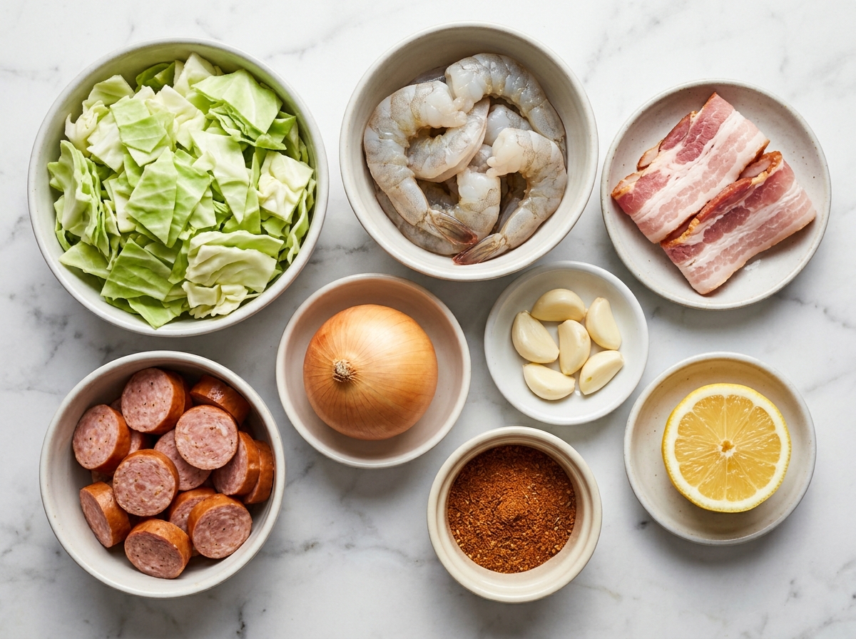 Raw ingredients for fried cabbage skillet with shrimp, bacon, and sausage