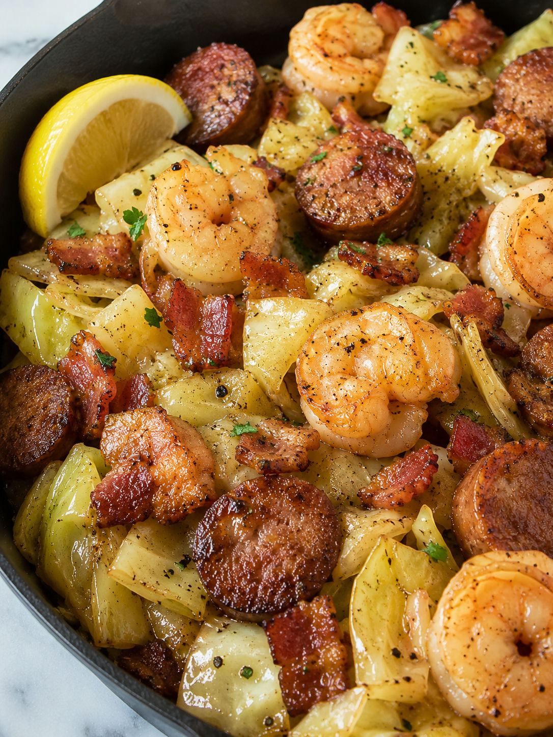 Easy Fried Cabbage with Shrimp, Sausage & Bacon, plated and served