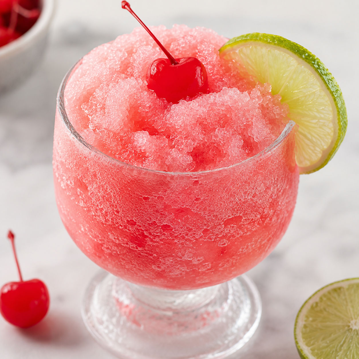 Frozen Shirley Temple mocktail with cherry and lime in a frosty glass