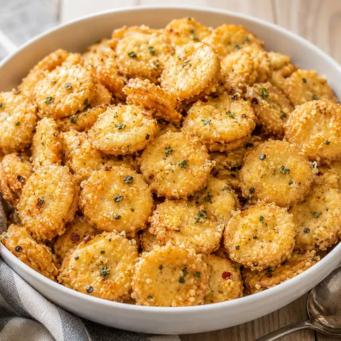 Garlic bread Ritz Bits with parmesan and herbs in a white bowl