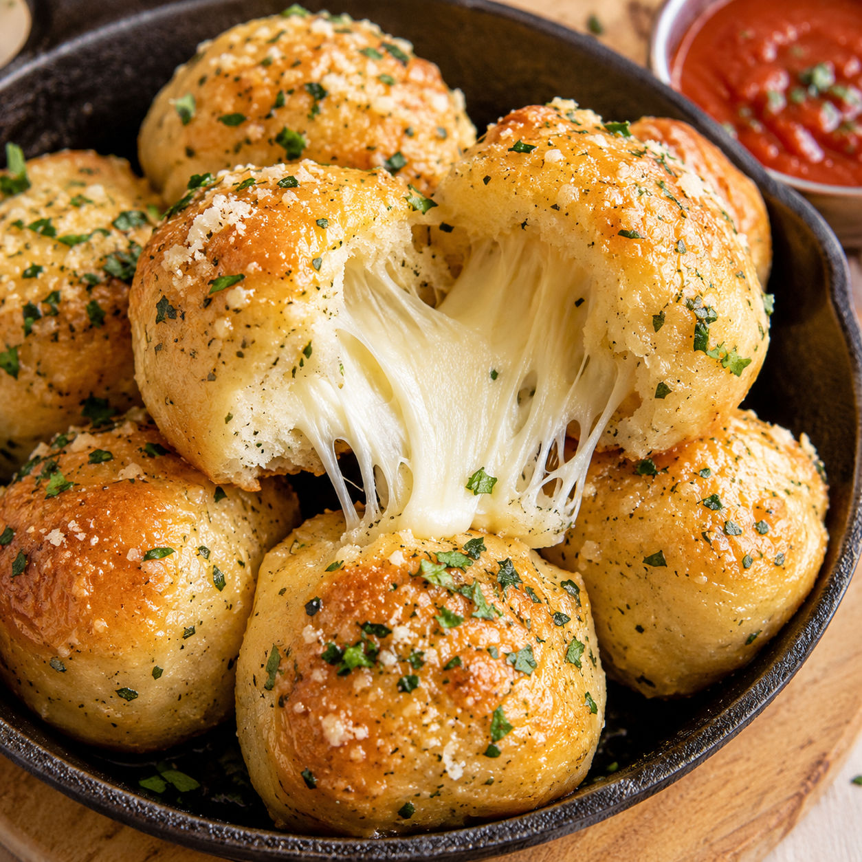 Garlic butter cheese bombs with melted mozzarella and marinara