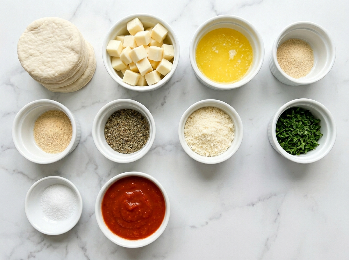 Ingredients for garlic butter cheese bombs with biscuit dough and mozzarella