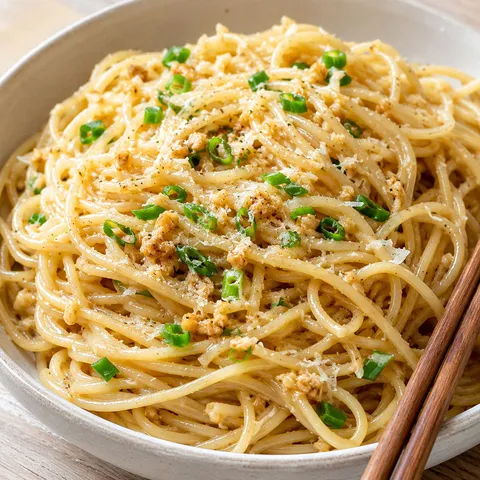 Glossy garlic noodles with scallions and Parmesan in a white bowl