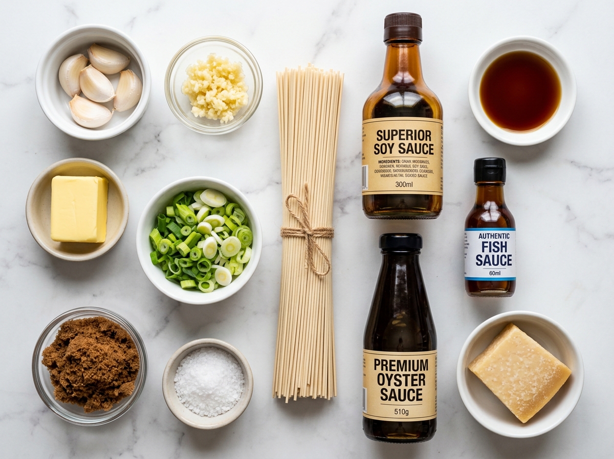 Ingredients for garlic noodles with garlic, scallions, butter, sauces, and noodles