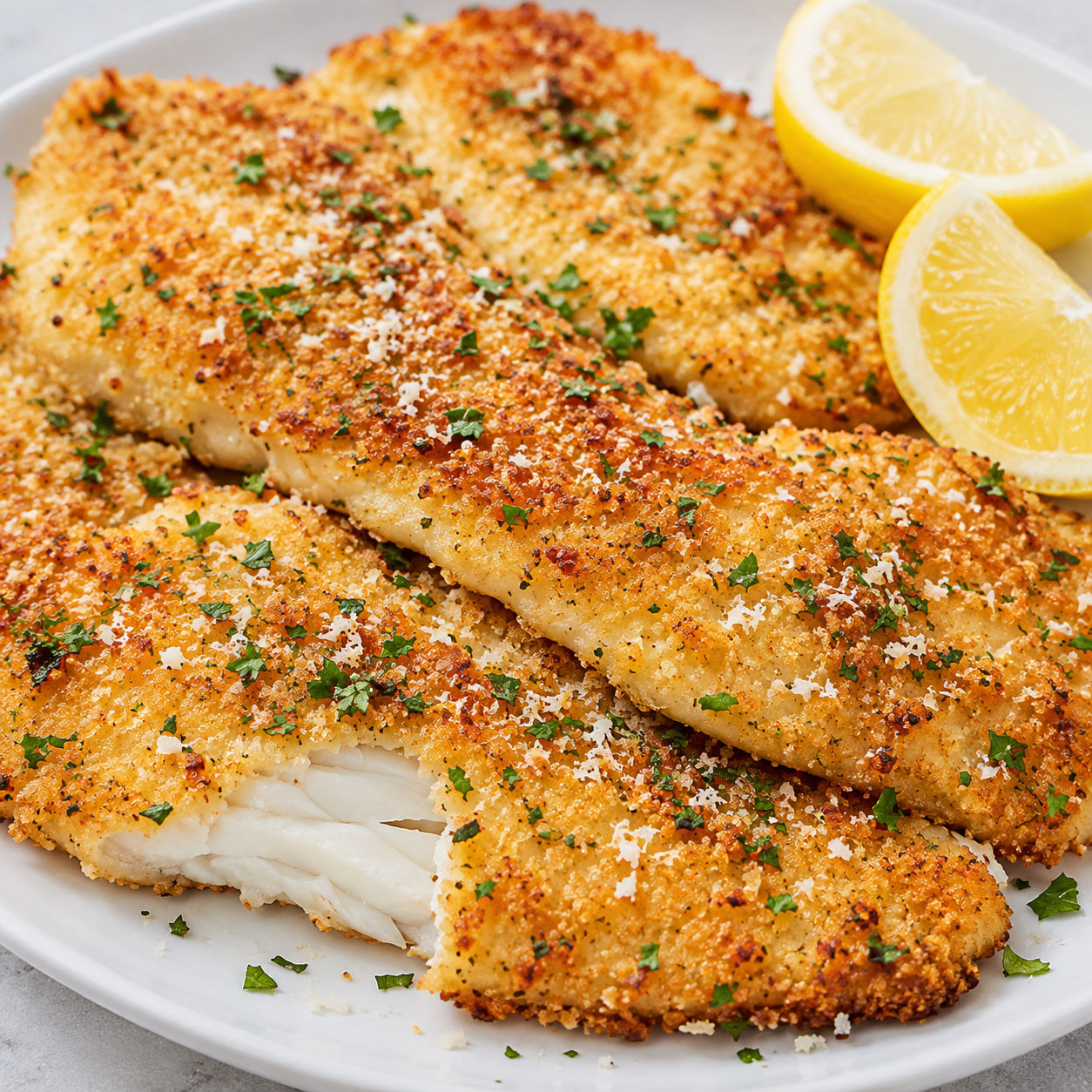 Garlic Parmesan flounder with golden crumbs, parsley, and lemon