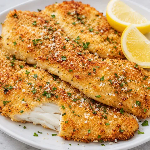 Garlic Parmesan flounder with golden crumbs, parsley, and lemon