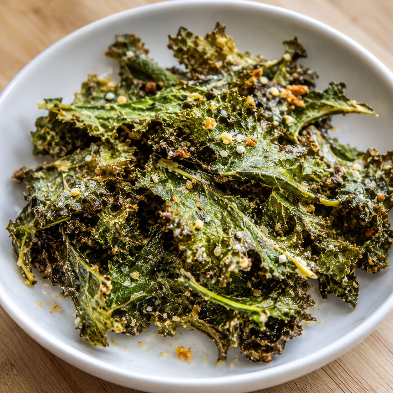 Garlic Parmesan kale chips in a white bowl with toasted cheese