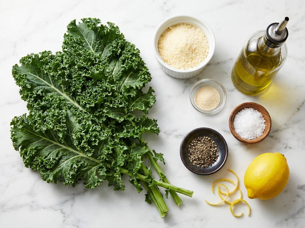 Curly kale, Parmesan, garlic powder, olive oil, salt, pepper, and lemon