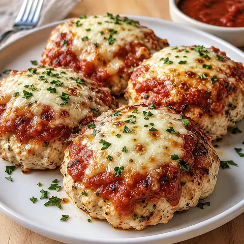 Garlic Parmesan meatloaves with marinara, melted mozzarella, and parsley