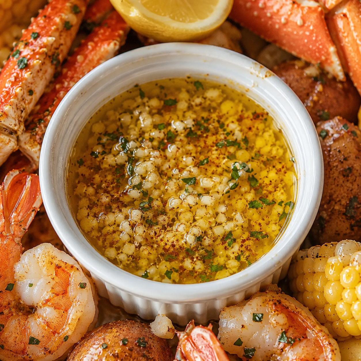 Garlicky seafood boil butter sauce with shrimp, crab, corn, and potatoes
