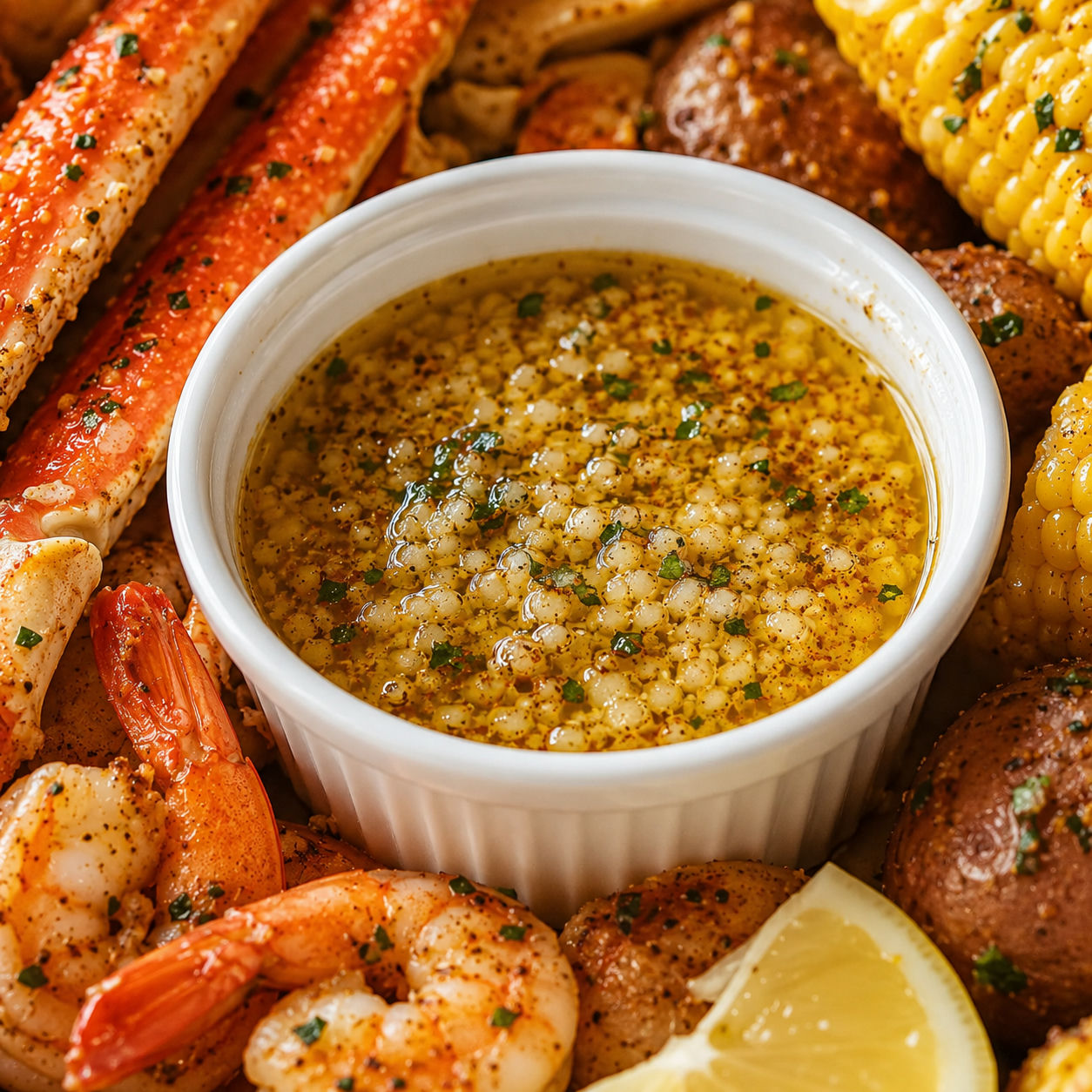 Easy Garlicky Seafood Boil Butter Sauce, plated and served