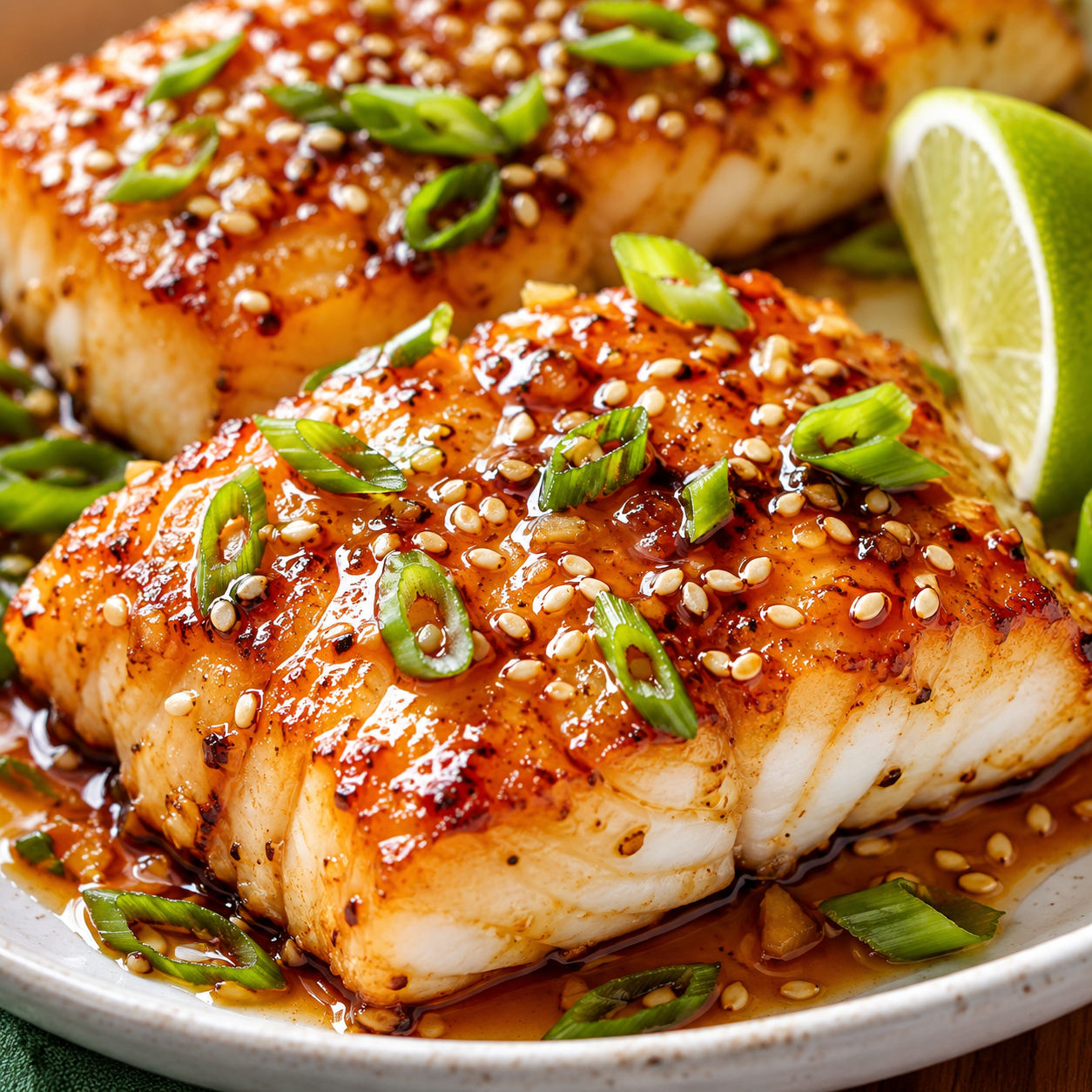 Ginger soy glazed cod with green onions, sesame seeds, and lime