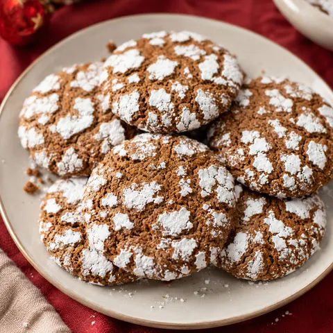 Gingerbread crinkle cookies with snowy sugar cracks on a plate