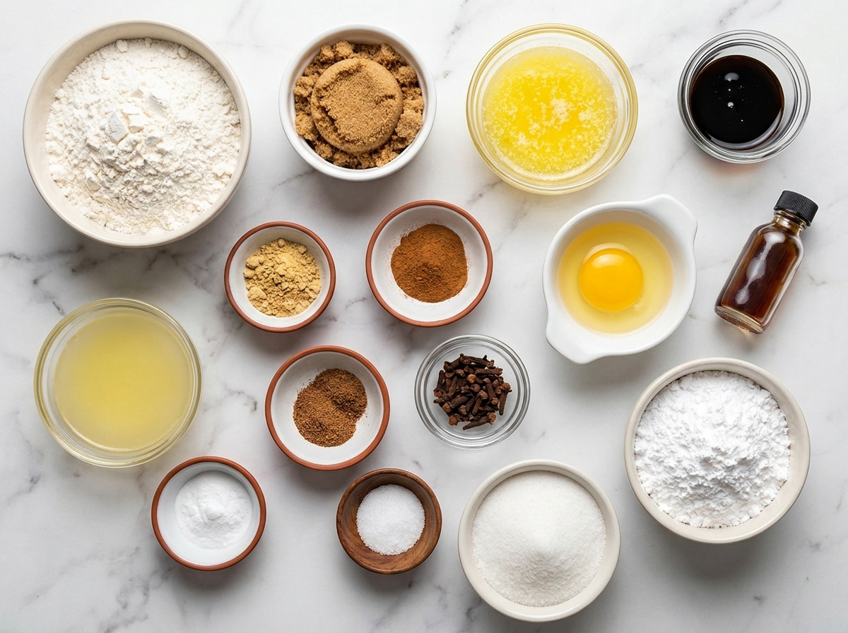 Ingredients for gingerbread crinkle cookies on a wooden counter